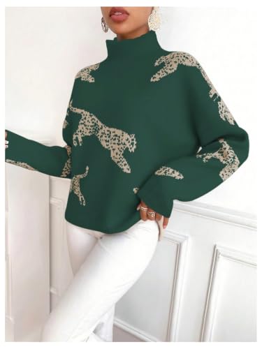 Image of WDIRARA Women's Leopard Tiger Print Sweater High Neck Long Sleeve Fuzzy Knitted Pullover Top