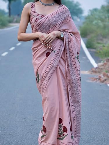 Image of Elegant Dusty Pink Linen Cotton Saree with Floral Print Border | Cotton Printed Saree with Unstitched Blouse Piece Saree for Women