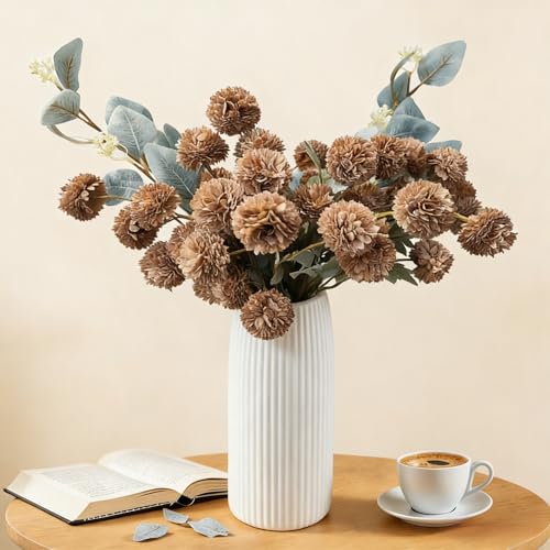 WhaSil Artificial Kiku Flowers, 10pcs Fake Silk Pompon Mums 2pcs Eucalyptus, Faux Fall Chrysanthemum Dining Table Centerpiece Floral Arrangements Decorative Dried Flowers for Home Decor, Coffee