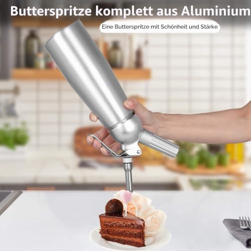 Foto von Qdreclod Edelstahl Sahnespender 500ML Sahnespender mit Patrone Schlagsahnebereiter mit 3 Edelstahl tüllen 1 Reinigungsbürsten Profi Sahnesyphon aus Aluminium