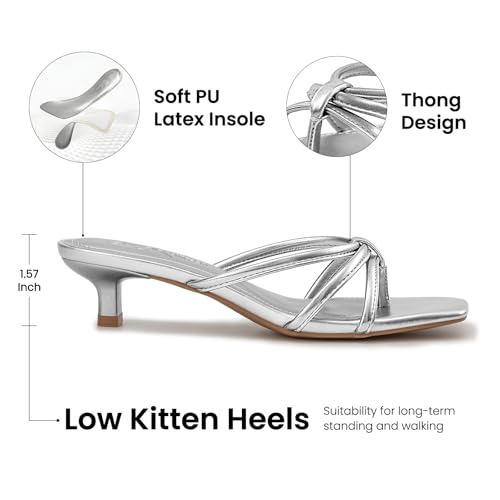Athlefit Silver Heels for Women Square Toe Strappy Kitten Heel Thong Sandals Slip On Dress Flip Flop Low Heels for Prom Wedding Size 8.5 — view 4