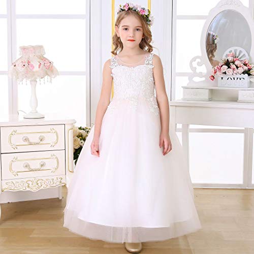 Bow Dream Lace Flower Girl Dress Wedding Junior Bridesmaid Elegant Tulle Baptism Party Blush Pink 12 #TOP30