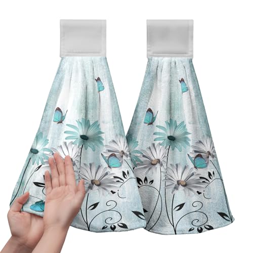 Kwlegh 2 Pcs Teal Daisy Floral Hanging Kitchen Towels Turquoise Rustic Poppy Flower Butterfly Hand Towel with Hanging Loop Fast Drying Dish Washcloths Soft Absorbent Fingertip Bath Towel for Bathroom