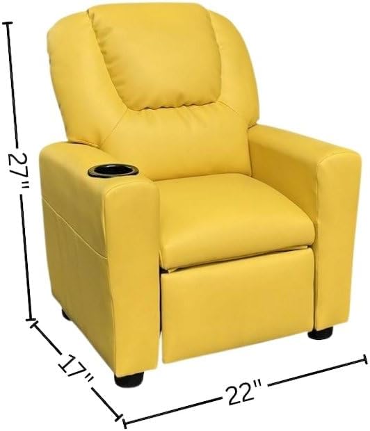 Furnifact Marisa Yellow PU Leather Youth Recliner with Cupholder for Kids 142" Seat Height 14" Width 106" Depth Bright and Fun for a Warm Lifestyle