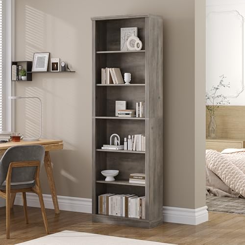 Wodeer Tall Bookshelf, 6-Tier Bookcase with 2 Adjustable Shelves, Modern