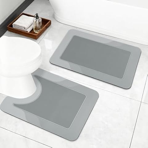 ArtyCozy Super Absorbent Stain Resistant Soft Bath Mat 2 Piece with U-Shaped Toilet Rug, Easy Care Non-Slip Thin Bathroom Rug with Rubber Backed, Grey, 16" × 24" Plus 20" × 24" Cover