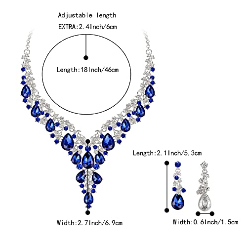 Brilove Women's Wedding Bridal Austrian Crystal Teardrop Flower Cluster Statement Necklace Dangle Earrings Jewelry Set Blue Silver-Tone #TOP17