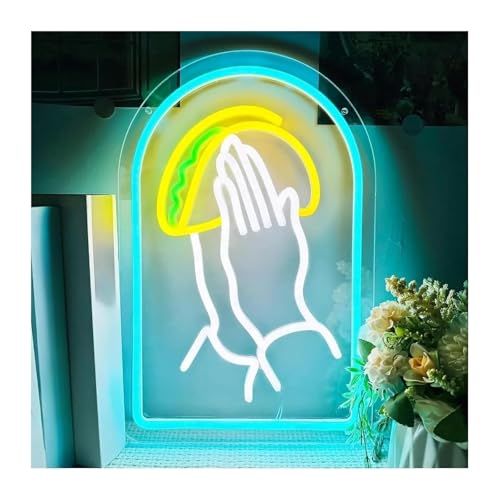 Néon mains en prière tacos : finis les murs vides avec cette enseigne LED dimmable