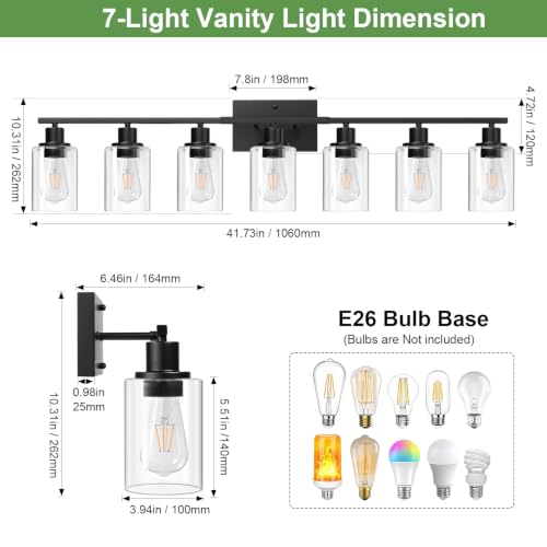 Image of Indoi 7-Light Bathroom Light Fixtures, Matte Black Modern Vanity Lights with Clear Glass Shades, Bathroom Wall Lamp for Mirror Living Room Cabinet Bedroom Porch
