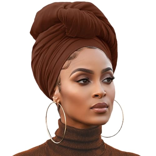 XTREND 1 Piece Head Wraps Stretch Jersey Long Turban Soft Urban Knit Hair Scarfs African Headwrap Solid Color Breathable Fashion Headband Shawls for Women (Coffee)