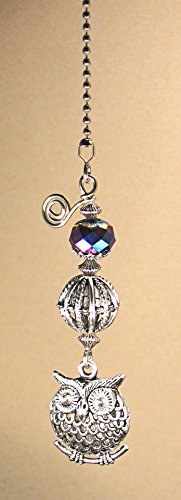 Image of Antiqued Pewter Silvery Metal Owl and Lampwork Glass Fan Pull Chain /Light Pull