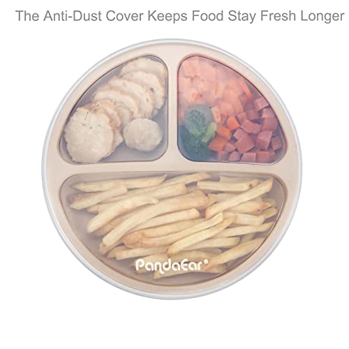 Pandaear Silicone Suction Plates For Babies & Toddlers, 3 Pack Divided Unbreakable Plates With Lid - Non-Slip - Dishwasher And Microwave Safe (Creamy Grey Brown) #TOP4