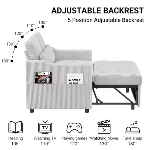 Image of 51.6 inch 3-in-1 Convertible Sleeper Sofa Bed, Pull Out Loveseat Couch with 5-Position Adjustable Backrest, USB & Type-C Ports, Side Storage Pockets, Corduroy Sofa Bed for Small Spaces