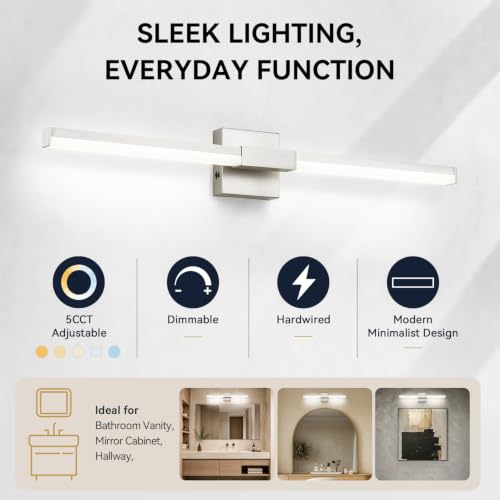 Image of SOLFART Bathroom Vanity Light 32-Inch: Brushed Nickel LED Bar Dimmable 5 Color Temperature 360 Degree Rotation Bathroom Light Fixtures ETL IP44