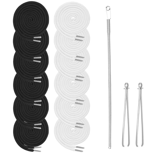15-Piece Drawstring Set 12 Replacement Drawstrings for Pants Jackets & Hoodies + 3 Drawstring Threader ToolsWhite&Black