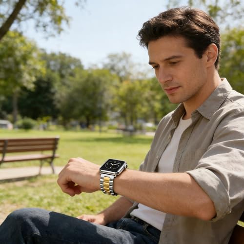Image of Silver Gold Stainless Steel for Apple Watch Metal Band 44-49mm | Luxury 304 Stainless Steel Chain Strap Adjustable Links Double Button Clasp Fits S10 /Ultra /Se3 Wrist 6.3-8.07in Durable Metal