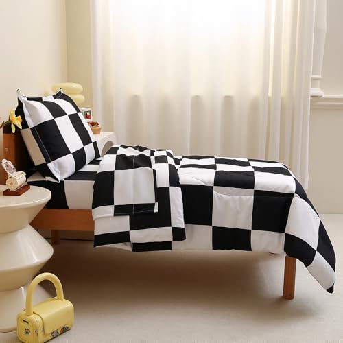Image of Caressma Checkered Toddler Bedding Set Black White Plaid Comforter Set | Classic Black and White Bed Set, Grid Buffalo 4 Pieces Kids Bedding with Comforter, Fitted Sheet, Flat Sheet, Pillowsham