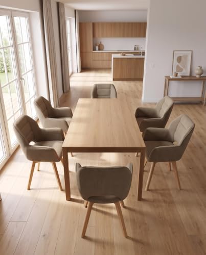 LEWE 360° drehbare Esszimmerstühle 6er Set mit Armlehnen & Holzbeinen Braun | Skandinavische Küchenstühle mit Chenille-Bezug, durchbrochener Rückenlehne, für Esszimmer, Küche, Wohn