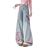 Wide Leg Butterfly Jeans for Women Y2k Embroidered Grunge Baggy Teen Girls Raw Trim Crop Streetwear Blue