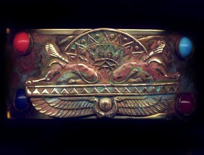 Elaine Coyne Collectible Artwear Egyptian Motif Patina Brass Dual Sphinx Cuff Bracelet - Semiprecious Stones3