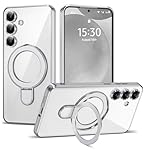Compatible with Samsung Galaxy S24 Case with Magnetic Ring Stand [Compatible with Mag-Safe] [Full Camera Lens Protector] Plating Clear Phone Case for Samsung Galaxy S24 6.2", Silver