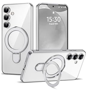 Compatible with Samsung Galaxy S24 Case with Magnetic Ring Stand [Compatible with Mag-Safe] [Full Camera Lens Protector] Plating Clear Phone Case for Samsung Galaxy S24 6.2″, Silver