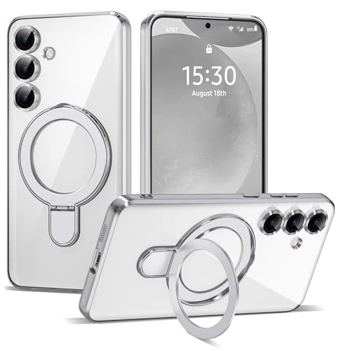Compatible with Samsung Galaxy S24 Case with Magnetic Ring Stand [Compatible with Mag-Safe] [Full Camera Lens Protector] Plating Clear Phone Case for Samsung Galaxy S24 6.2″, Silver