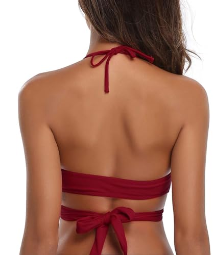 SHEKINI Womens Bathing Suits Push Up Halter Bandage Bikini Tops Floral Printing Swimsuit (Wine Red - Top, XX-Large)