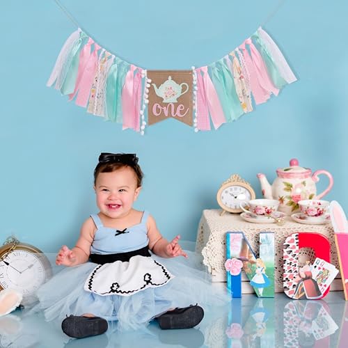 Alice In Onederland High Chair Banner - Teapot Themed First Birthday Decor, Princess Tea Time Party Cake Smash for 1st Birthday by WAUAO - Used condition - Image 4