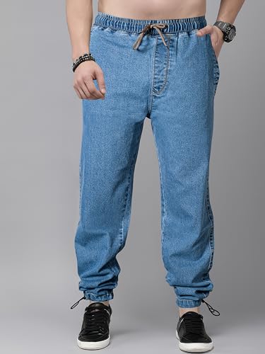 Image of Men's Comfort Fit Denim Lycra Joggers Jeans Stretchable High Rise Relaxed Fit Available in Dark Blue Navy Blue Light Blue Full Length Soft Fabric Machine Wash