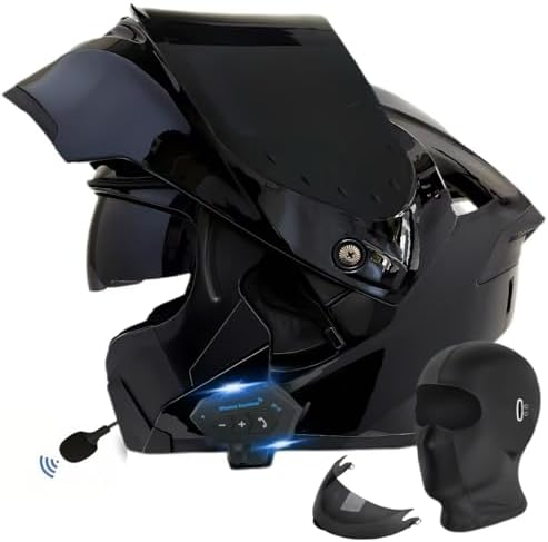 Motorcycle Bluetooth Modular Helmet, DOT Approved Flip Up Full Face Motorcycle Dual Visor Helmet, with Dual Speakers and Microphone, for Adults Men and Women (Light Black,Large)