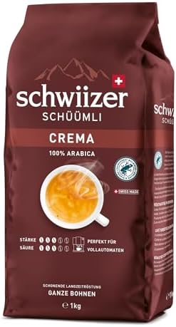 Schwiizer Schüümli Crema, 100 Prozent Arabica Kaffeebohnen, aromatisch-intensiv, für Vollautomaten, Stärke 3/5, mittlere Röstung, Rainforest Alliance-zertifiziert, 1kg