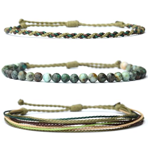 Handmade Natural Stone Beaded Healing Bracelet Gift for Men Adjustable Rope String Bracelet (African Turquoise, Adjustable)