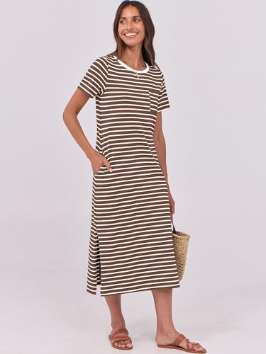 Image of ANRABESS Womens Midi Dress,Summer Long Tshirts Dresses,Short Sleeve Split Stripe,Comfy Travel Beach Vacation Casual Wear