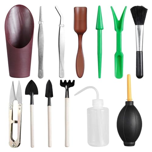 Lot de 13 mini outils à main de jardin pour bonsaï, succulentes, mini outils d'entretien de plantation de jardin, coupe-feuilles, râteau, pelles, bouteille d'arrosage