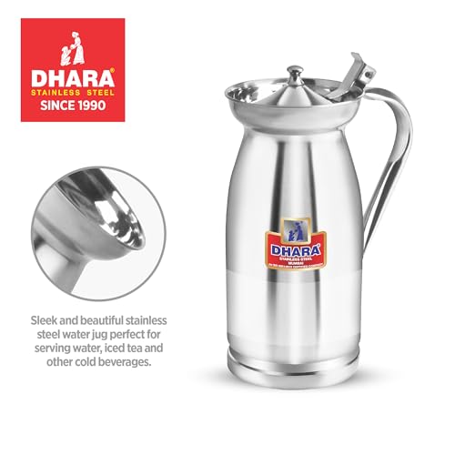 Image of Dhara Stainless Steel Jug for Water, Rust Free 1.5 Litre Jug with Streamlined Handle & Lid for Home and Restrurent Use