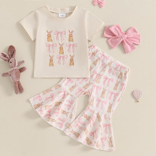 Toddler Baby Girl Easter Outfit Short Sleeve Bunny Shirt Top Bell Bottoms Pants Kids Easter Clothes Summer (Pink bunny, 2-3 Years) - Thumbnail 2