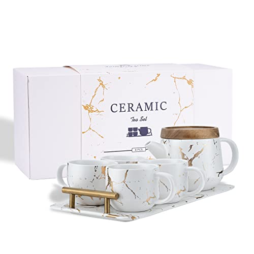 Taimei Teatime Ceramic Modern White Teapot Set, 25-Oz Tea Sets For Adults, Marble Design Teapot With Infuser And Tea Cup Set Of 4 With Serving Tray, Tea Set Gift For Women #TOP5