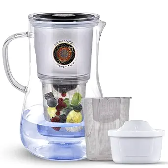 Alkaline Water Filter Pitcher - 3.8L Borosilicate Glass with pH 8.5–9.5, NSF Certified 6-Stage Filter, Hydrogen Infusion, Stainless Steel Fruit Infuser