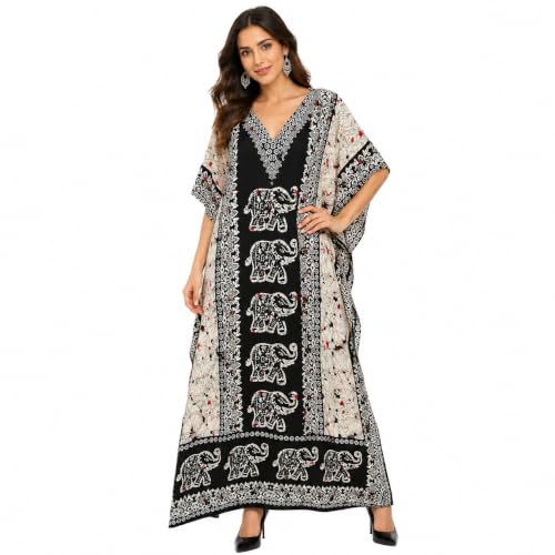 Art Of Creation Women Kaftan Dress Long Maxi Night Gown Plus Size Caftan Printed Nightdress Beach Cover Up Casual Ladies Tunic Kaftans (Black)