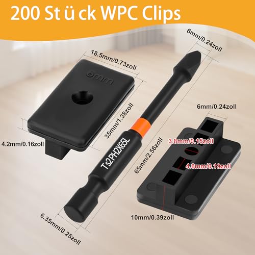 Vipuikos 200 Stück WPC Clips 6 mm Versteckte Befestigung mit T-Clip mit Bit Schraubendreher, 6 mm Terrassenclips Kunststoff für WPC/BPC Dielen Clips, Schwarz WPC Befestigungsclips 35 x 18,5 x 10 mm