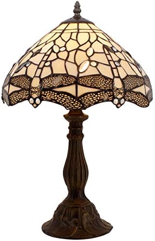 Tiffany Lamp Bedside Lamp Cream Stained Glass Table Lamp Dragonfly Desk Banker Light 18" Tall Decorative Living Room Bedroom Antique Bohemian Victorian Memory Sympathy WERFACTORY LED Bulb Better