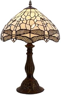 Tiffany Lamp Bedside Lamp Cream Stained Glass Table Lamp Dragonfly Desk Banker Light 18" Tall Decorative Living Room Bedroom Antique Bohemian Victorian Memory Sympathy WERFACTORY LED Bulb Better
