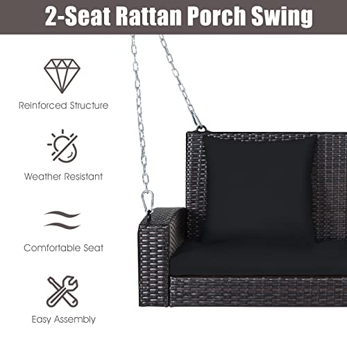 Tangkula 2-Person Wicker Hanging Porch Swing, Patiojoy Outdoor Rattan Swing Bench W/ 2 Back Cushions & 1 Seat Cushion, Sturdy Steel Chain, 800Lbs Weight Capacity, Suitable For Deck, Backyard, Garden #TOP5