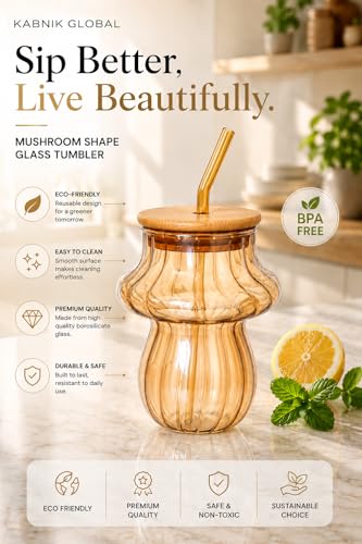Image of Glass Tumblers with Wooden Lid and Glass Straw, 400ml, Borosilicate Glass, for Coffee, Iced Coffee, Juice and Smoothies, Coffee Mug, Sipper, Glass Tumbler (Golden - Mushroom Shape)