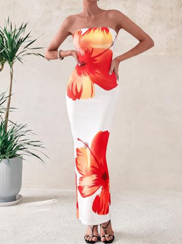 Image of PRETTYGARDEN Women Summer Strapless Maxi Dress Bodycon Floral Sexy Long Wedding Guest Dress Formal Tube Mesh Cocktail Dresses