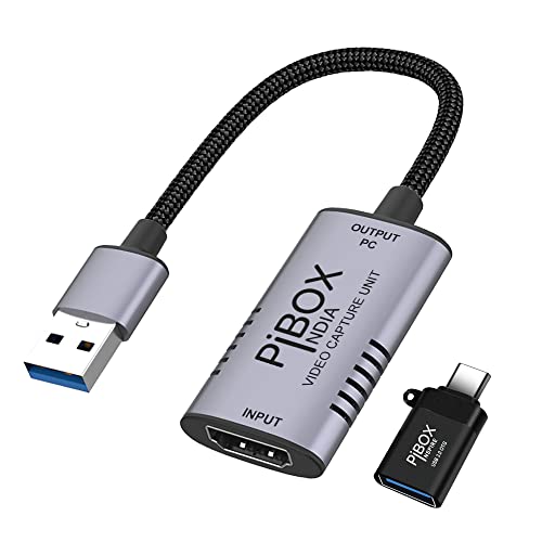 Video Capture Card, PiBOX India Braided Tough, 4K HDMI to USB 3.0 Game Capture Device Aluminium Windows Android Mac,HD 1080P 60fps Audio Video Card Live Streaming Gaming, Teaching Broadcasting Gray
