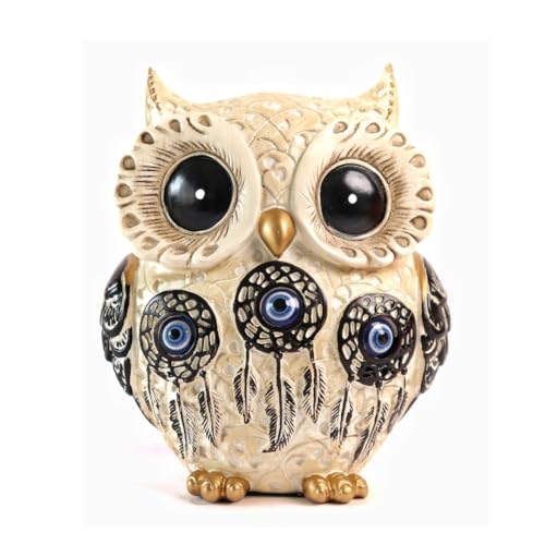 Spiritual Owl Statue for Good Luck | Resin Art Showpiece with Evil Eye Protection | Feng Shui & Vastu Home Decor Accent (4 Inch, Cream Base Multicolor, 1 Pc)