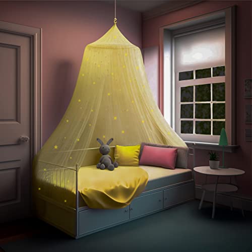 Bollepo Yellow Bed Canopy For Girls With Glowing Stars - Princess Yellow Baby Canopy For Bed, Netting Room Decor, Ceiling Tent, Canopy | Single, Twin, Full, Queen Size Kids Bed Curtains #TOP5