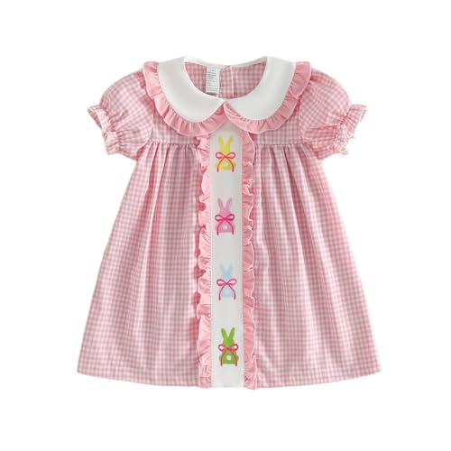 Toddler Baby Girl Easter Dress Bunny Embroidered Ruffle Dress Plaid Short Sleeve Princess Dress...